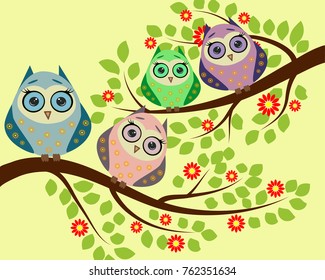Bright cute cartoon owls sit on the flowering branches of fantastic trees