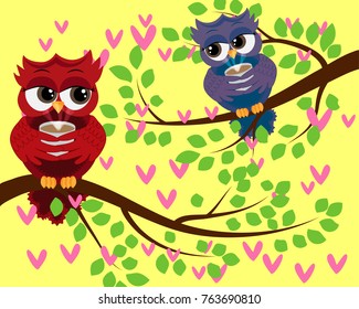 Bright cute cartoon owls sit on the flowering branches of fantastic trees