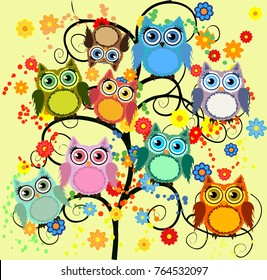 Bright cute cartoon owls sit on the flowering branches of fantastic trees