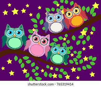 Bright cute cartoon owls sit on the flowering branches of fantastic trees