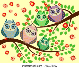 Bright Cute Cartoon Owls Sit On Stock Vector (royalty Free) 766073107 