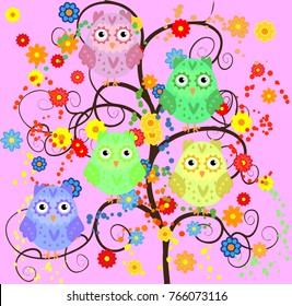 Bright cute cartoon owls sit on the flowering branches of fantastic trees