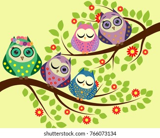 Bright cute cartoon owls sit on the flowering branches of fantastic trees