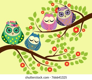 Bright cute cartoon owls sit on the flowering branches of fantastic trees