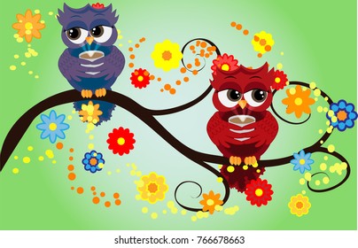 Bright cute cartoon owls sit on the flowering branches of fantastic trees