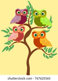 Bright cute cartoon owls sit on the flowering branches of fantastic trees