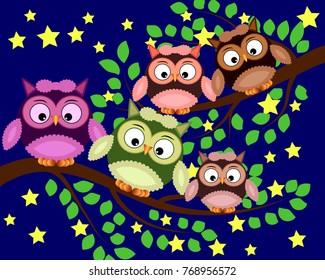 Bright cute cartoon owls sit on the flowering branches of fantastic trees