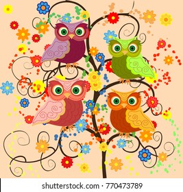 Bright cute cartoon owls sit on the flowering branches of fantastic trees