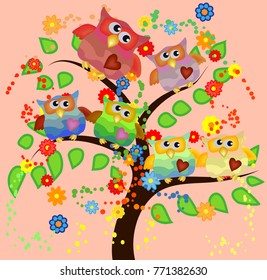 Bright cute cartoon owls sit on the flowering branches of fantastic trees