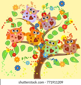 Bright cute cartoon owls sit on the flowering branches of fantastic trees