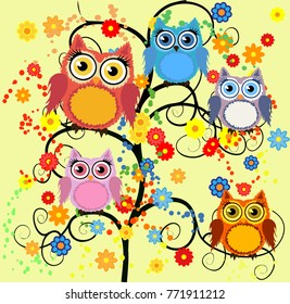 Bright cute cartoon owls sit on the flowering branches of fantastic trees