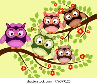 Bright cute cartoon owls sit on the flowering branches of fantastic trees