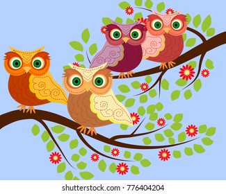 Bright cute cartoon owls sit on the flowering branches of fantastic trees