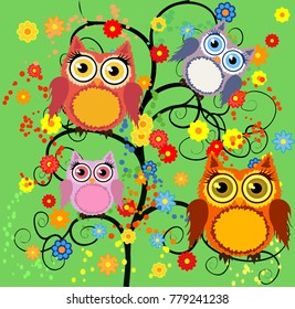 Bright cute cartoon owls sit on the flowering branches of fantastic trees