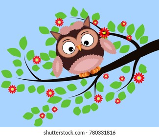 Bright cute cartoon owls sit on the flowering branches of fantastic trees