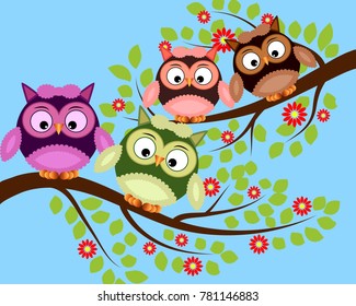 Bright cute cartoon owls sit on the flowering branches of fantastic trees