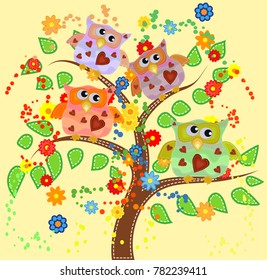 Bright cute cartoon owls sit on the flowering branches of fantastic trees