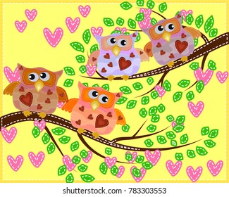 Bright cute cartoon owls sit on the flowering branches of fantastic trees