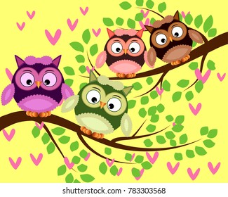 Bright cute cartoon owls sit on the flowering branches of fantastic trees