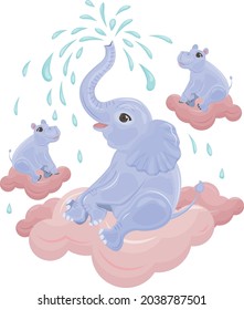 A bright, cute children s fairy-tale illustration with the image of cute blue hippos and a baby elephant flying on pink clouds. Cute animals surrounded by stars. Children s illustration for a print