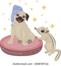 A bright cute children s illustration with the image of a cute pug puppy sitting on a pillow and a chipmunk standing next to it. Cute animals surrounded by stars. Children s illustration for a print