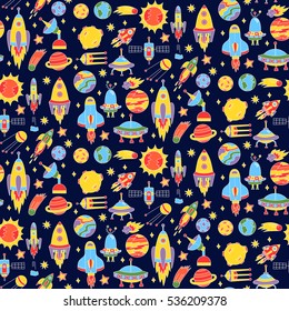 Bright cute colorful outer space doodles cosmos drawings seamless vector pattern