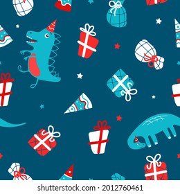 Bright cute festive childrens pattern. Funny dinosaurs, party hat, gifts. For christmas, birthday, new year. Vector illustration in cartoon style. For printing on fabric, merchandise, gift wrap