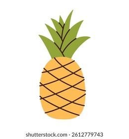 Bright and cute flat cartoon icon of pineapple. Fun summer vibe, tropical fruit doodle for vacation, vector illustration of exotic fruit for healthy lifestyle visuals, isolated colored clipart