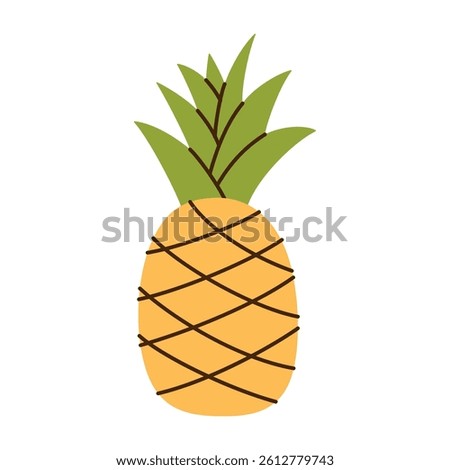 Bright and cute flat cartoon icon of pineapple. Fun summer vibe, tropical fruit doodle for vacation, vector illustration of exotic fruit for healthy lifestyle visuals, isolated colored clipart