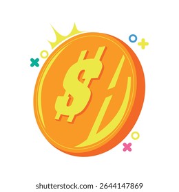 Icono de moneda plana brillante y lindo en estilo de dibujos animados. Ideal para ilustrar recompensas de juego, ahorros, moneda digital o herramientas financieras. Perfecto para UI UX, infografías, App y activos de marca fintech.