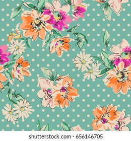 bright and cute flowers over dotty background ~ seamless background