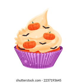 bright cute halloween cupcake, pumpkins and bats, festive cupcake 
