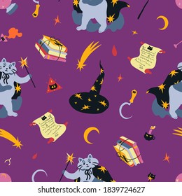 Vector de Halloween brillante y lindo patrón sin fisuras con gato mago y sus mágicos elementos sobre fondo morado