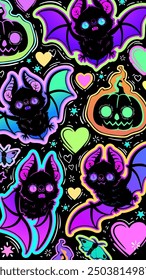 Bright cute illustration with bright bats and pumpkins