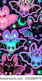 Bright cute illustration with colorful cartoon bats and stars