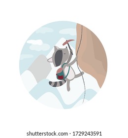 Bright, cute and kind vector illustration in childish style with a brave climber raccoon climbing a high and dangerous mountain. Poster postcard flat hand drawn isolated print with funny animal.