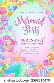 Bright and cute mermaid birthday party invitation vector template.