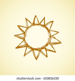 Bright cute midpoint shape. Fiery energy round form template on white backdrop. Freehand linear orange ink hand drawn picture emblem sketchy in art retro scribble style pen on paper and space for text