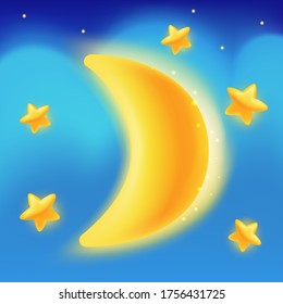 Bright cute moon, yellow dreamy crescent. Vector illustration.