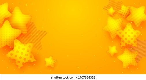 Bright cute and positive backdrop for birthday with 3D stars with texture. Stars yellow background.