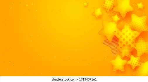 Bright cute and positive backdrop for birthday with 3D stars with texture. Stars yellow background. Bright festive backdrop with stars vector illustration.