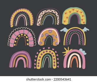 Las bonitas y luminosas arcoiris sobre un fondo oscuro. Arcoiris mágico. Ilustración vectorial.