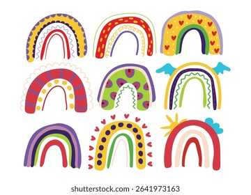 Bright cute rainbows on a dark background. Magic rainbow. Vector illustration.