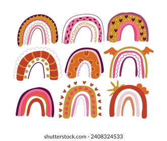 Bright cute rainbows on a white background. Magic rainbow. Vector illustration.