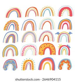 Arcos-íris bonitos brilhantes sobre um fundo branco. Arco-íris mágico. Ilustração vetorial.