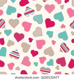 Bright and cute seamless patchwork pattern with colorful hearts. Some elements are decorated with polka dots, stripes and decorative stitching, which gives the design a textile, cozy look. It is ideal