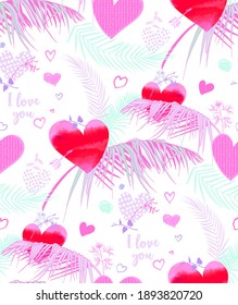 un lindo y brillante patrón sin costura para San Valentín es día con corazones rosados y ramas de palma para tarjetas y diseño de superficie