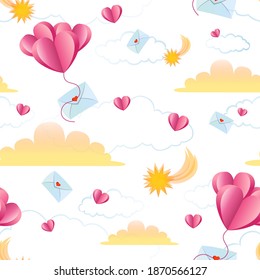 Bright cute seamless pattern for Valentine's day. Delicate shades. Set of hearts, love letters, clouds, stars and comets