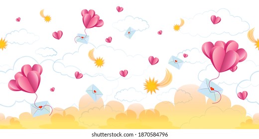 Bright cute seamless pattern for Valentine's day. Delicate shades. Set of hearts, love letters, clouds, stars and comets