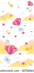 Bright cute seamless pattern for Valentine's day. Delicate shades. Set of hearts, love letters, clouds, stars and comets